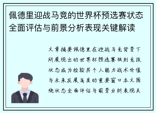 佩德里迎战马竞的世界杯预选赛状态全面评估与前景分析表现关键解读